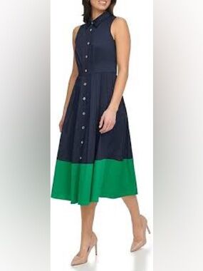 Tommy Hilfiger Navy and Green Sleeveless Midi Dress
